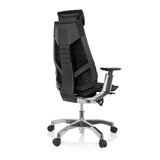 Schwarzer High-End-Bürostuhl GENIDIA PRO mit Stoffbezug und Fußkreuz mit fünf Rollen von hjh OFFICE – 360-Grad-Ansicht (schräge Rückenansicht 140°)