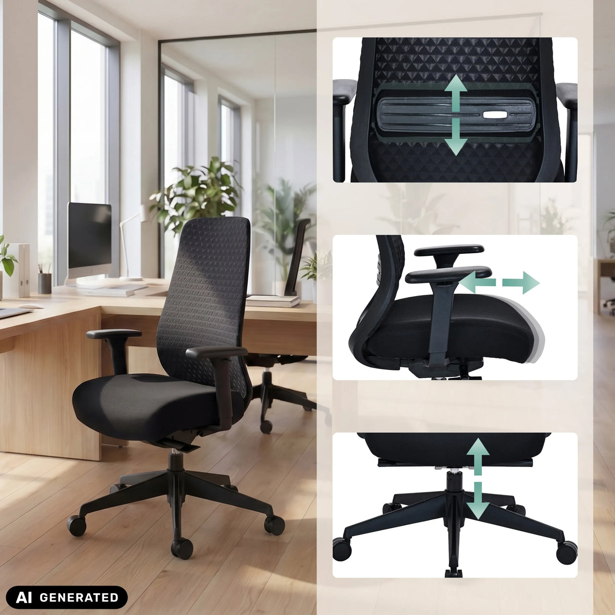 Höhenverstellbare Funktionen des Profi-Bürostuhls Verviq in Schwarz von hjh OFFICE (KI-generiertes Bild)