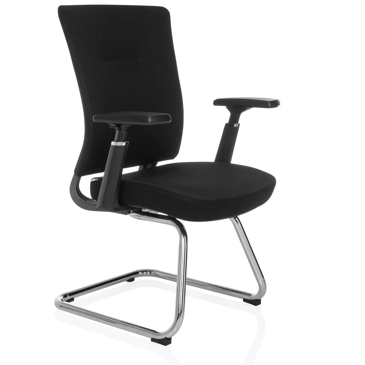 Schwarzer Freischwinger CAPTIVO PRO V mit Armlehnen und Stoffbezug von hjh OFFICE – 360-Grad-Ansicht (schräge Frontansicht 45°)