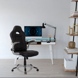 Schwarzer Gamingstuhl GAME SPORT mit Armlehnen und Rollen an einem Schreibtisch von hjh OFFICE