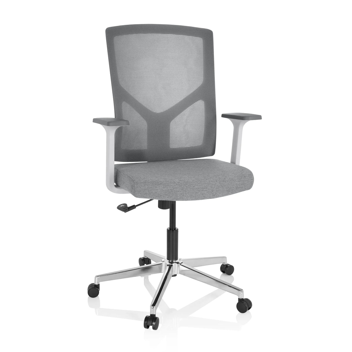 Grauer Homeoffice-Bürostuhl BRETON BASE W mit Netzrücken und Fußkreuz mit fünf Rollen von hjh OFFICE – 360-Grad-Ansicht (Frontansicht 20°)