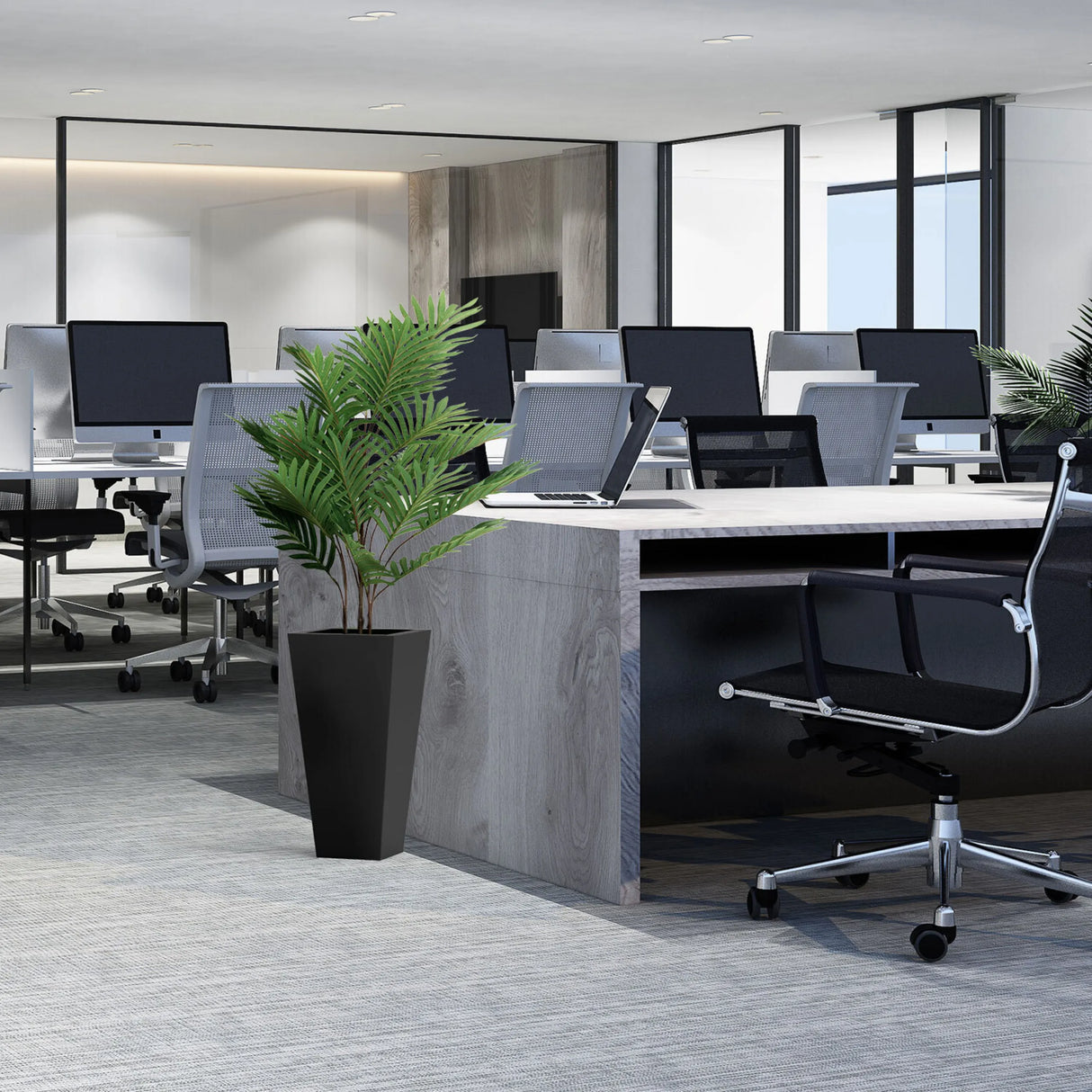 Grüne Kunstpflanze ARECA in einem schwarzen, quadratischen Pflanztopf von hjh OFFICE