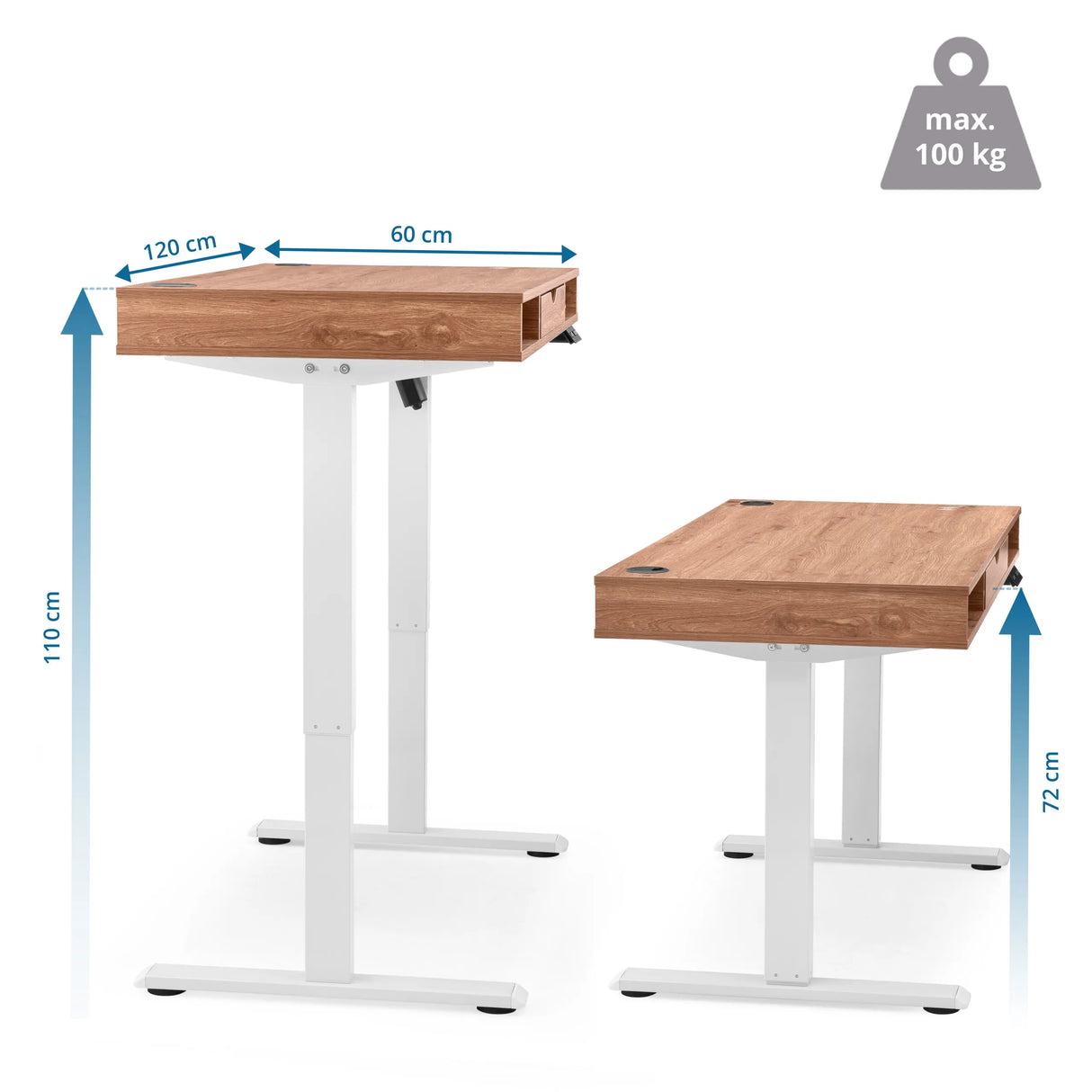 Maßzeichnung des elektrisch höhenverstellbaren Schreibtischs Worktime Style von 120 × 60 cm von hjh OFFICE