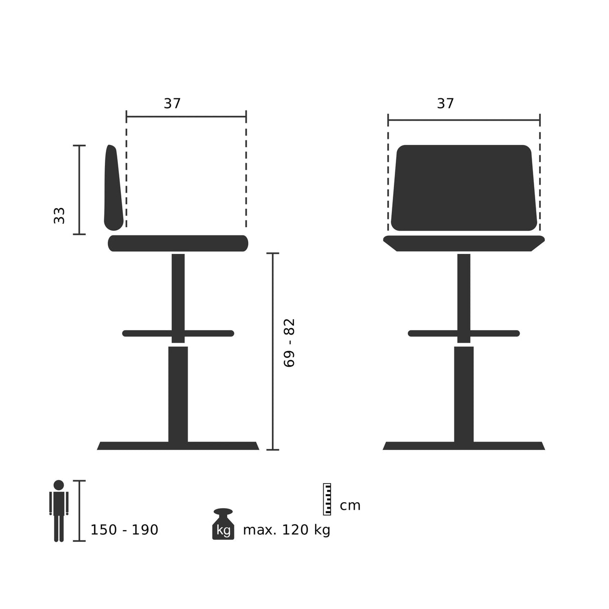 Technische Zeichnung des Barhockers DISC HIGH mit einer Sitzhöhe von 69 bis 82 cm von hjh OFFICE
