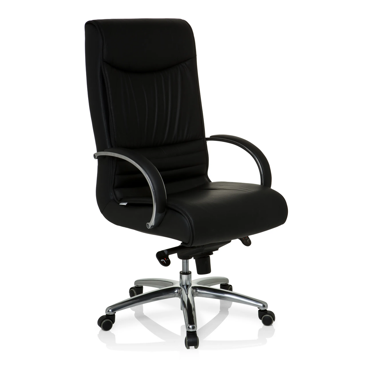 Schwarzer Drehstuhl XXL F 400 aus Leder mit Fußkreuz und fünf Rollen von hjh OFFICE – 360-Grad-Ansicht (schräge Frontansicht 40°)