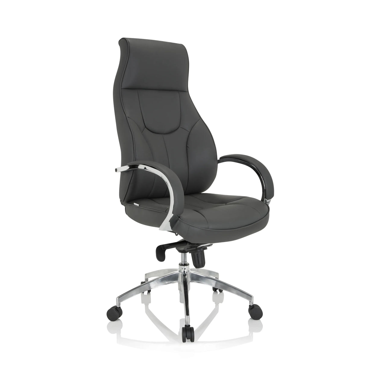 Grauer Profi-Chefsessel ELEGANCE I mit Armlehnen und glänzendem Fußkreuz mit fünf Rollen von hjh OFFICE – 360-Grad-Ansicht (schräge Frontansicht 40°)
