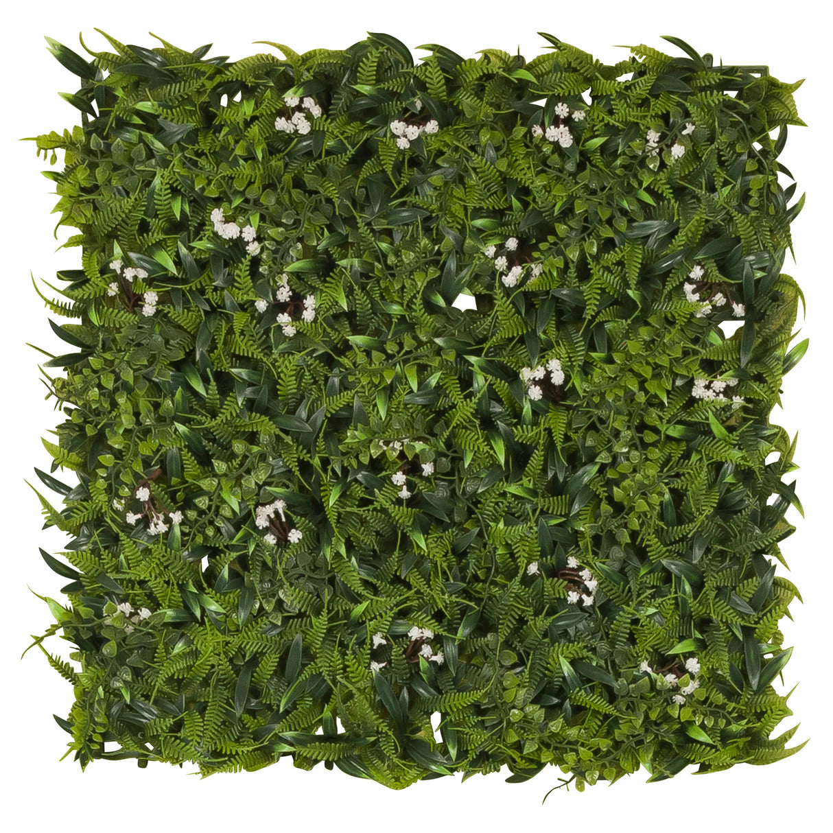 Grüne Pflanzenmatte MORE GREEN I mit Farnblättern und kleinen weißen Blüten von hjh OFFICE – 360-Grad-Ansicht (Frontansicht 0°)