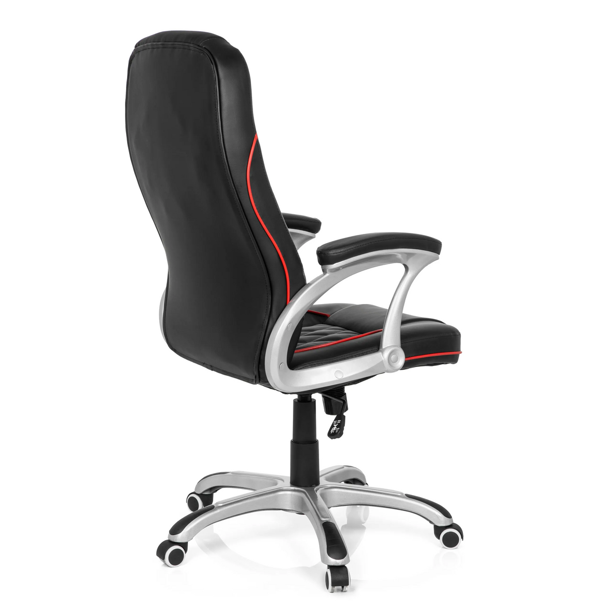 Schwarzer Gamingstuhl RELAX AB100 mit roten Ziernähten, Steppung und Fußkreuz mit fünf Rollen von MyBuero – 360-Grad-Ansicht (schräge Rückenansicht 120°)