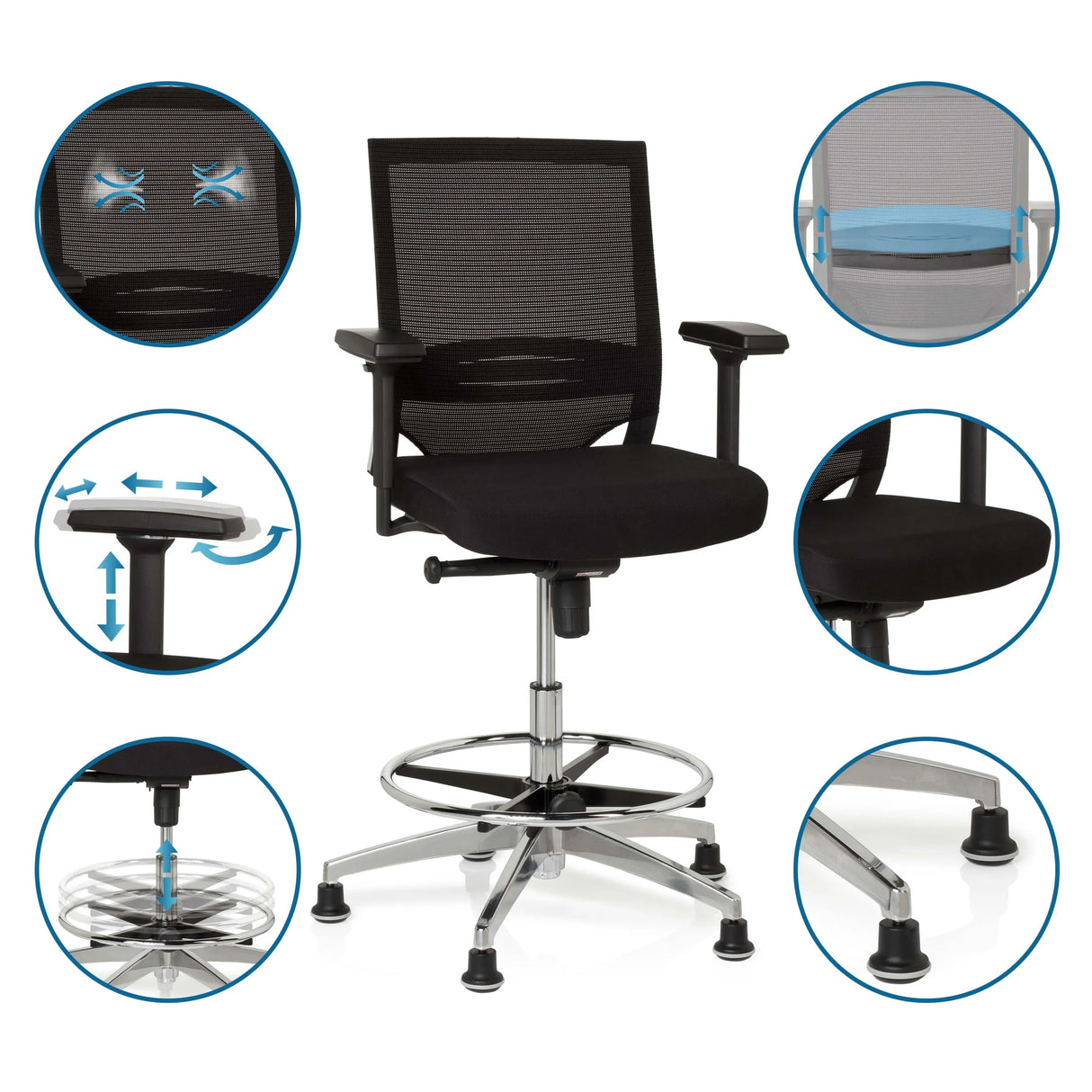 Schwarzer Counterstuhl TOP WORK 77 mit Netzrücken, Fußring und Gleitern von hjh OFFICE