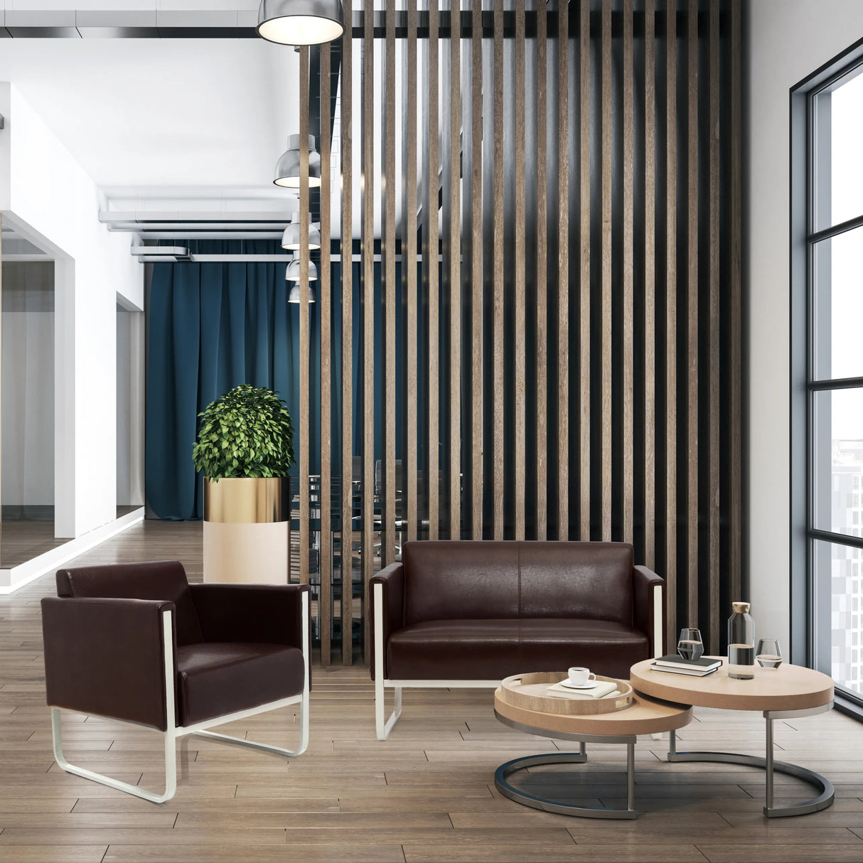 Brauner Polstersessel ARUBA mit weißem Metallgestell in einer modernen Büroumgebung von hjh OFFICE