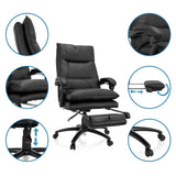 Homeoffice Chefsessel RELAX CL 200 aus schwarzem Kunstleder mit ausziehbarer Fußstütze und Detailansichten von MyBuero