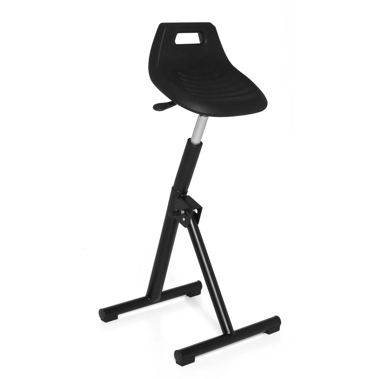 Schwarze Stehhilfe TOP WORK 31 mit Sitzschale und T-Fuß von hjh OFFICE – 360-Grad-Ansicht (schräge Frontansicht 40°)