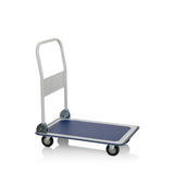 Blau-weißer Plattformwagen CARRY mit klappbarem Griff und vier Rollen von hjh OFFICE – 360-Grad-Ansicht (Frontansicht 0°)