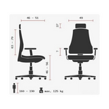 Technische Zeichnung des High-End-Bürostuhls ZERO O1 AL S mit max. 125 kg Belastbarkeit von Sitwell Steifensand