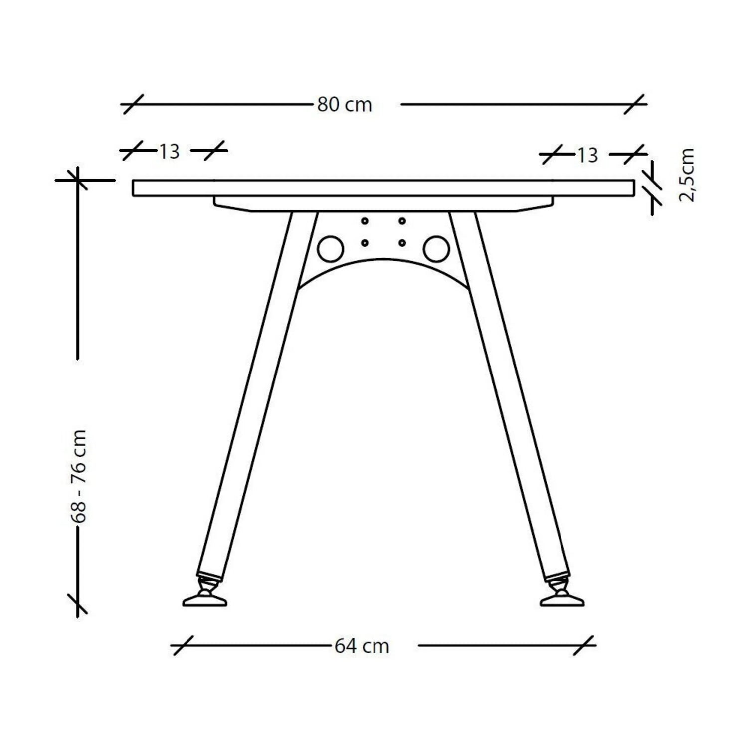 Maßzeichnung des Schreibtischs ATOS 12 S mit Breite 80 cm und Höhe von 68 bis 76 cm von hjh OFFICE PRO