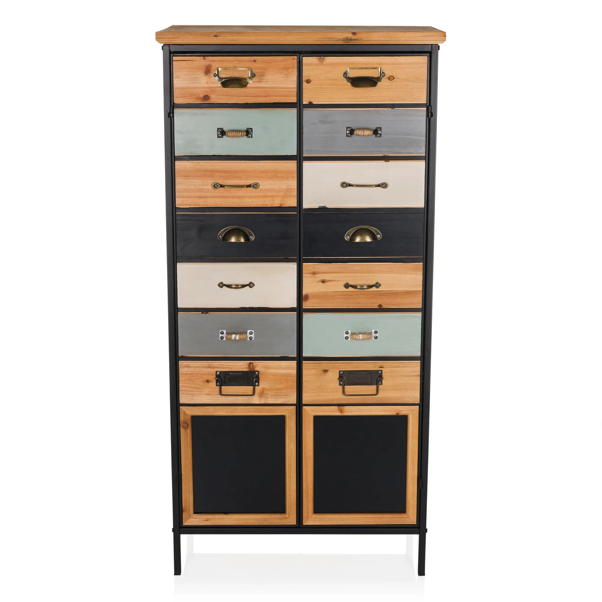 Kommode CONTINENTO HIGH aus Holz und Metall mit verschiedenfarbigen Schubladen und zwei Fächern von hjh LIVING