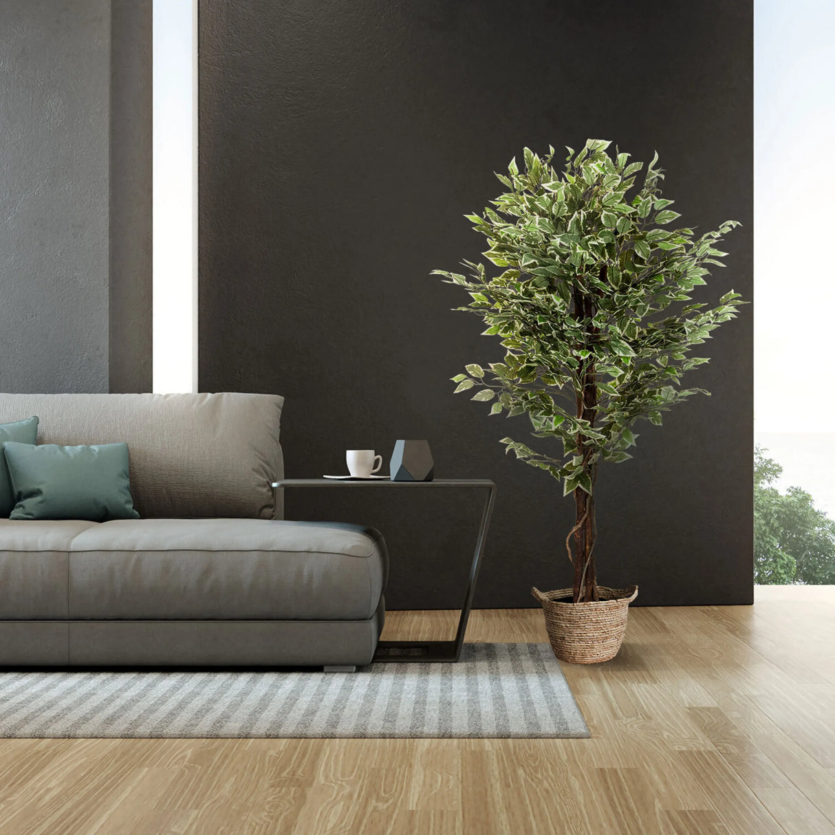 Kunstpflanze FICUS in grüner Farbe in einem geflochtenen Korb von hjh OFFICE