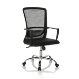 Schwarzer Homeoffice-Bürostuhl STAR-TEC S mit Netzrücken und Fußkreuz mit fünf Rollen von hjh OFFICE – 360-Grad-Ansicht (schräge Frontansicht 30°)