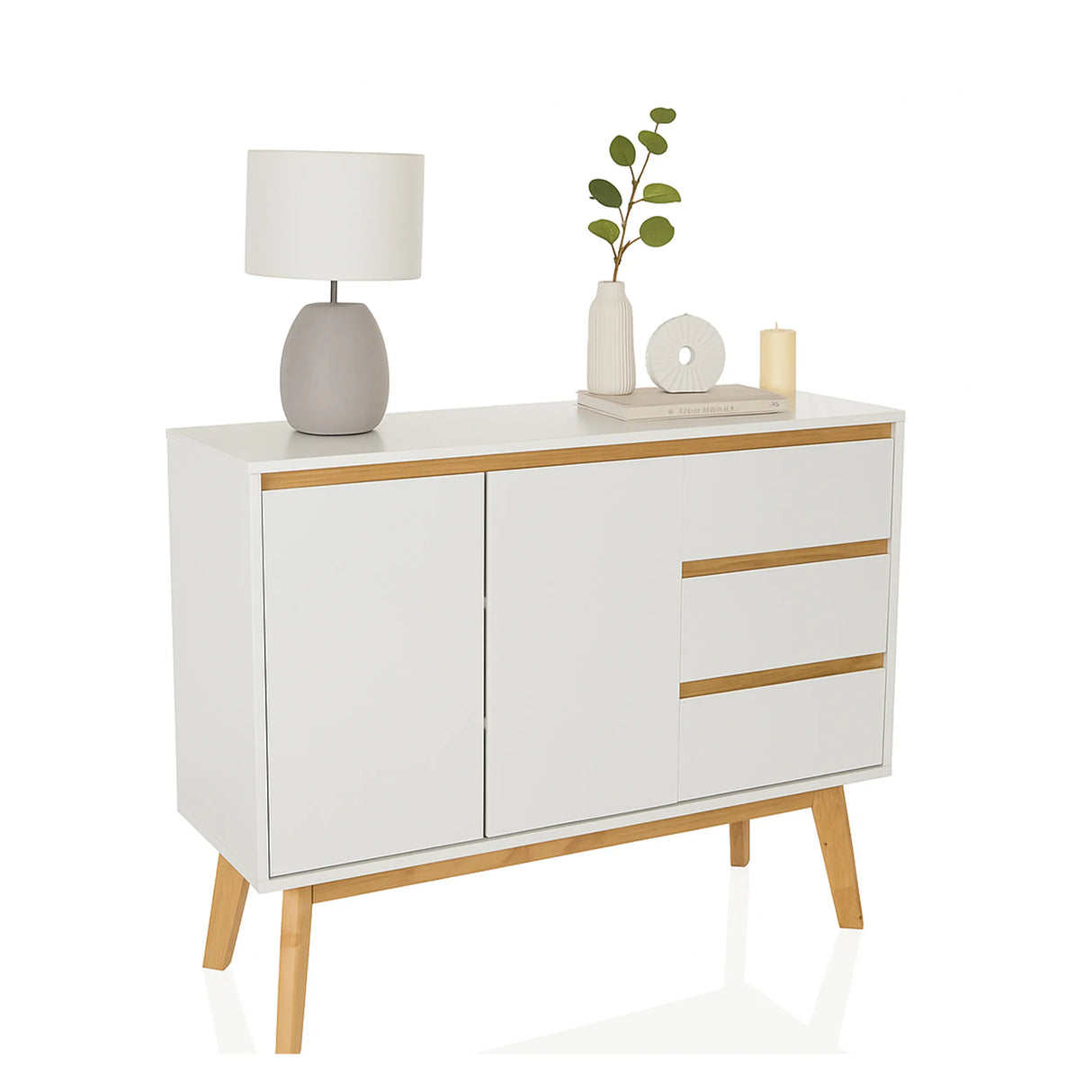 Weißes Sideboard TAROLO I mit zwei Türen, zwei Schubladen und konischen Holzbeinen von hjh LIVING