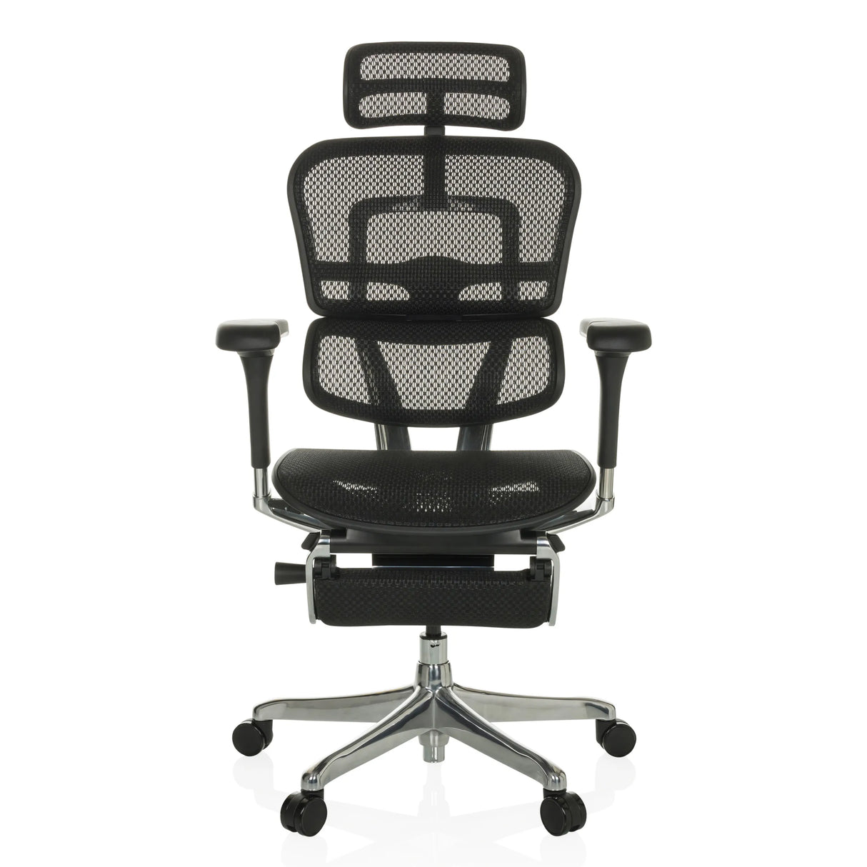 Schwarzer Luxus-Chefsessel ERGOHUMAN PLUS LEGPRO GEN2 mit Netzbespannung und Fußkreuz mit fünf Rollen von hjh OFFICE – 360-Grad-Ansicht (Frontansicht 0°)