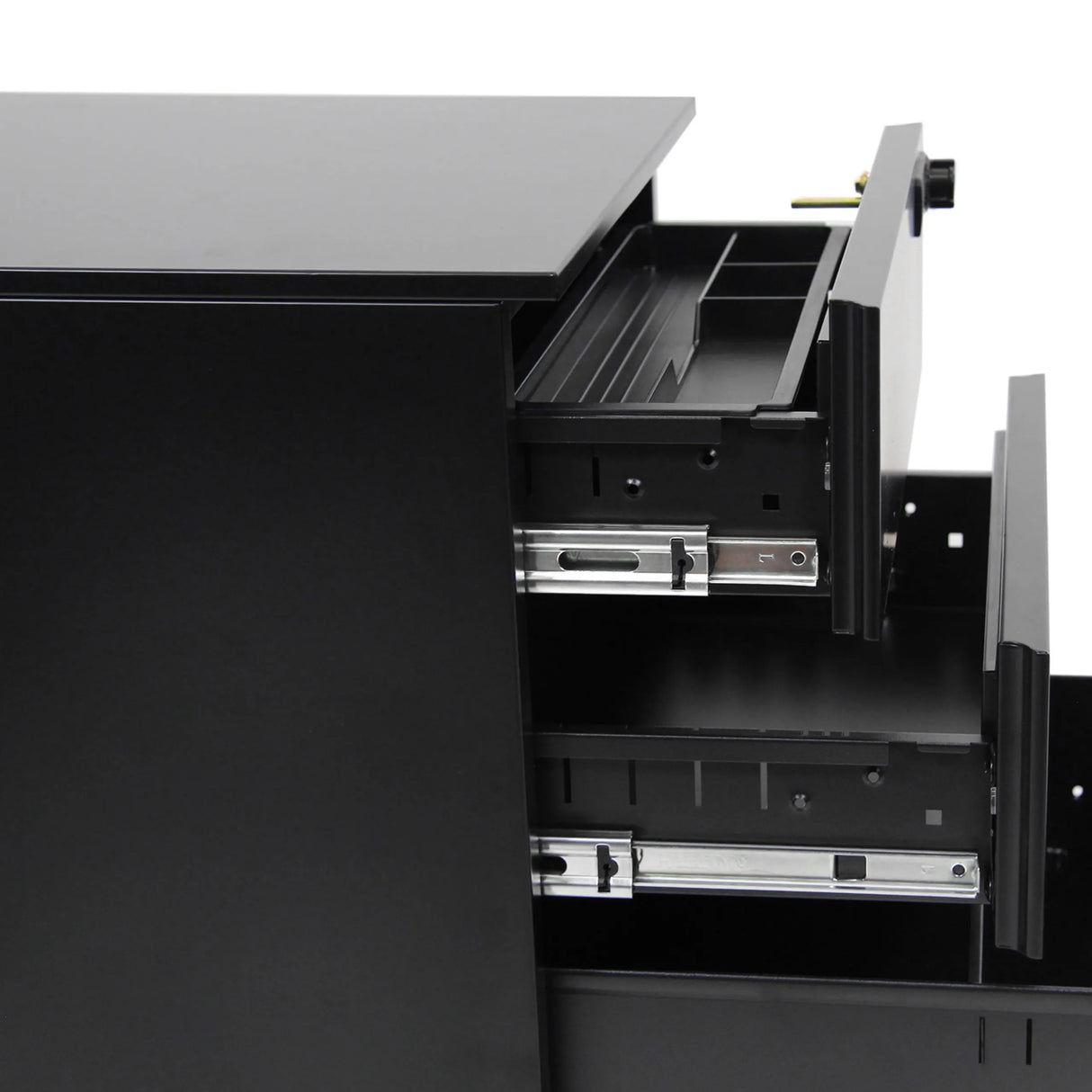 Ausgezogene Schubladen mit Metallführungen des Rollcontainers COLOR OS I in Schwarz von hjh OFFICE