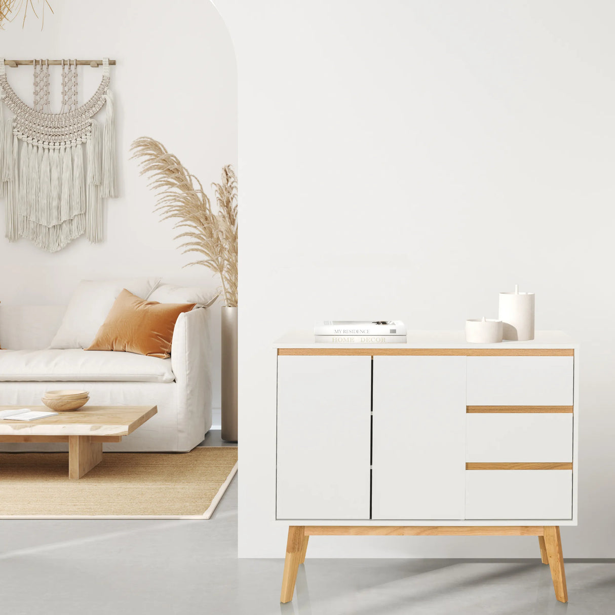 Weißes Sideboard TAROLO I mit drei Schubladen und zwei Türen auf Holzbeinen von hjh LIVING