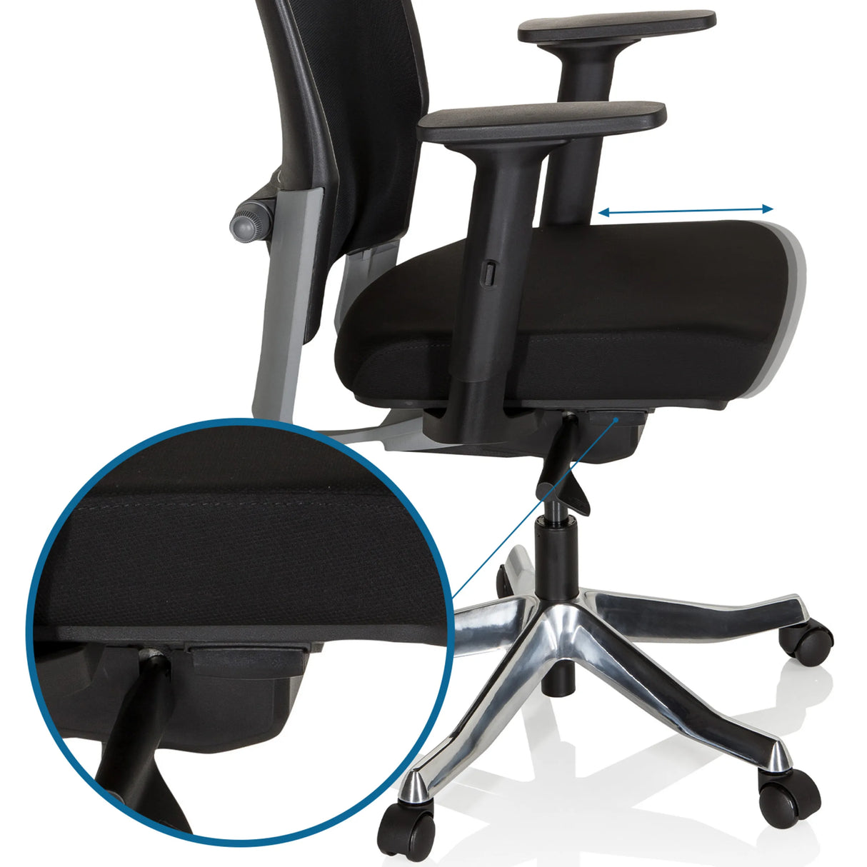 Verstellbare Armlehnen und Sitzmechanismus des Profi-Bürostuhls IKAST I in Schwarz von hjh OFFICE
