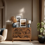 Sideboard SANTJAGO WOOD XL aus dunkelbraunem Holz mit Fischgrät-Muster und schwarzen Griffen von hjh LIVING