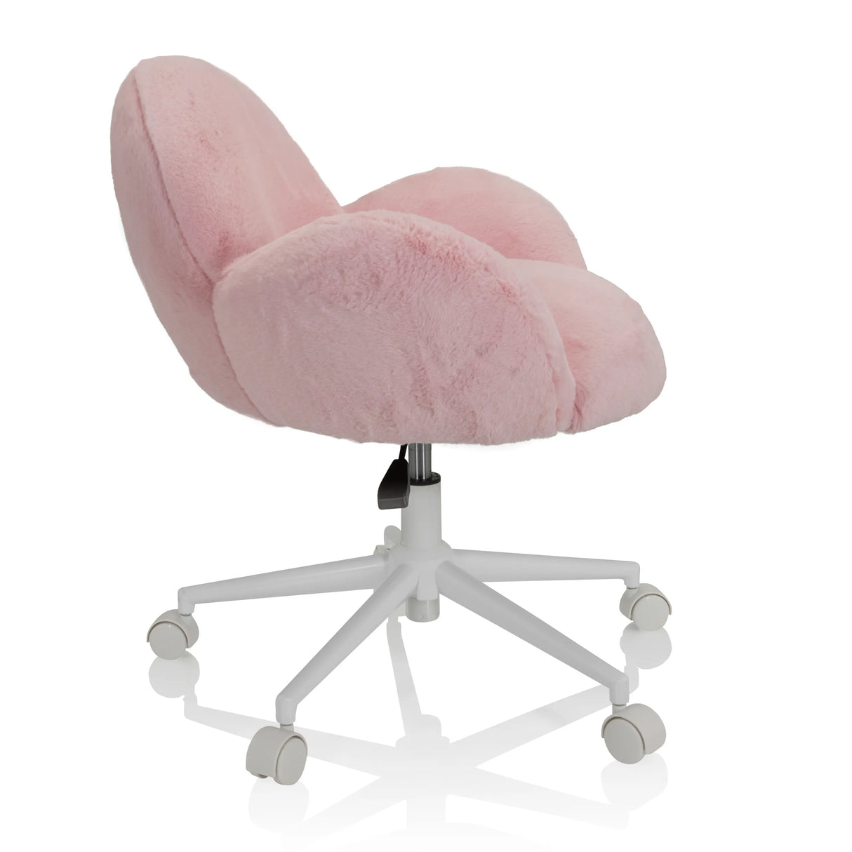 Rosa Kinderdrehstuhl KID TEDDY mit flauschigem Bezug und weißem Fußkreuz mit fünf Rollen von hjh OFFICE – 360-Grad-Ansicht (Seitenprofil 80°)
