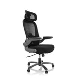 Schwarzer XXL Drehstuhl INSTRUCTOR T I PRO mit Netzrücken und Fußkreuz mit fünf Rollen von hjh OFFICE – 360-Grad-Ansicht (schräge Frontansicht 60°)