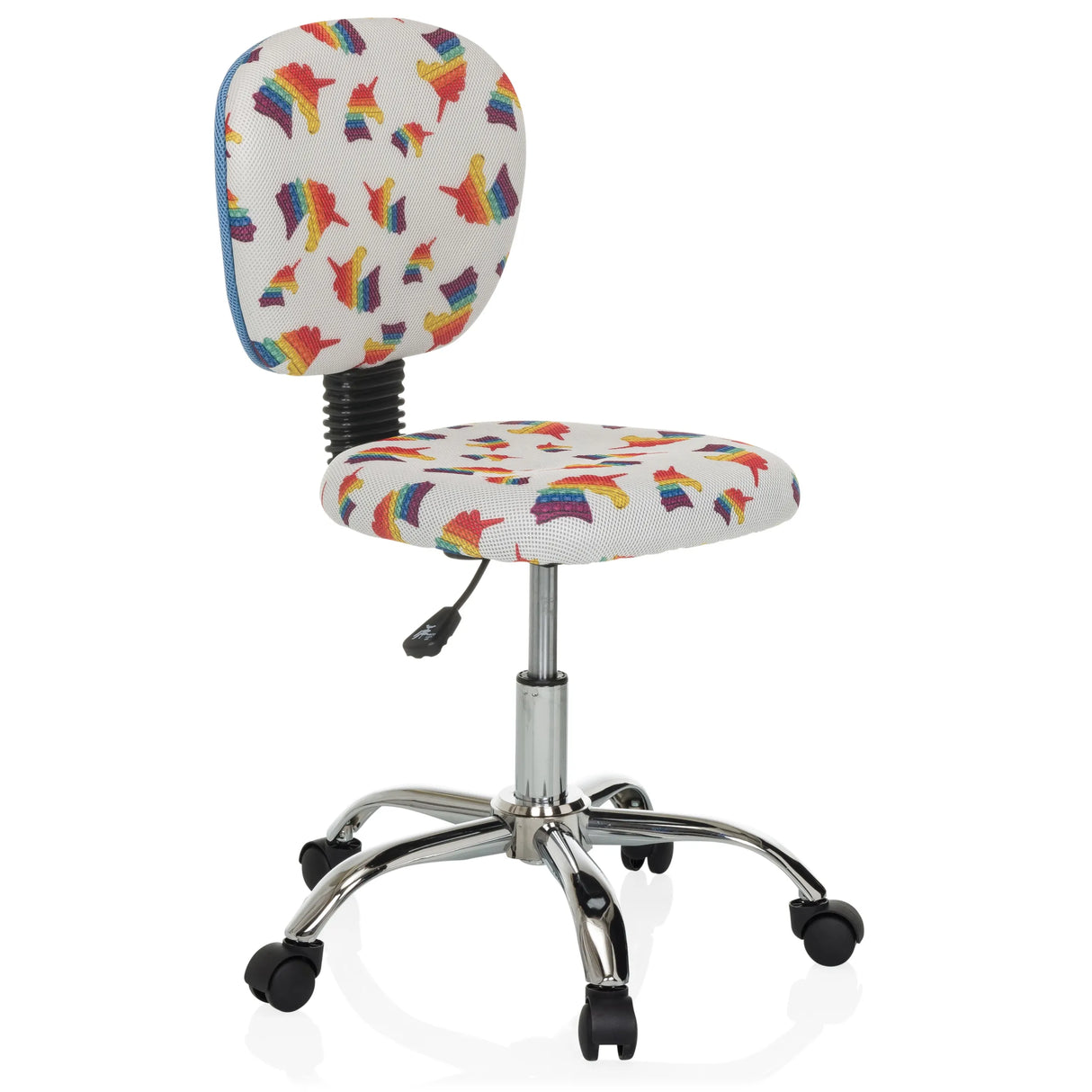 Kinderdrehstuhl KID BUBBLE mit buntem Regenbogen-Motiv und Fußkreuz mit fünf Rollen von hjh OFFICE – 360-Grad-Ansicht (schräge Frontansicht 45°)