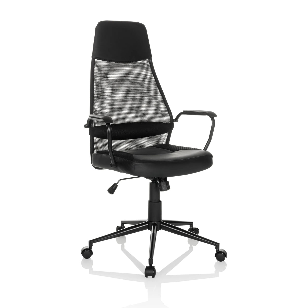 Schwarzer Homeoffice-Chefsessel MARCOZ mit Netzrücken und Fußkreuz mit fünf Rollen von MyBuero – 360-Grad-Ansicht (schräge Frontansicht 30°)