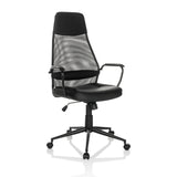 Schwarzer Homeoffice-Chefsessel MARCOZ mit Netzrücken und Fußkreuz mit fünf Rollen von MyBuero – 360-Grad-Ansicht (schräge Frontansicht 30°)