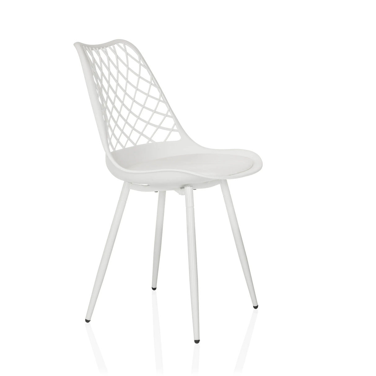 Weißer Outdoor-Stuhl BEGIO S mit gitterförmiger Rückenlehne und vier Beinen von hjh LIVING – 360-Grad-Ansicht (schräge Frontansicht 60°)