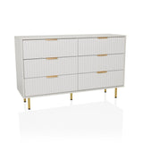 Weißes Sideboard HJELLE mit sechs Schubladen, geriffelten Fronten und goldenen Beinen von hjh LIVING – 360-Grad-Ansicht (Frontansicht 15°)