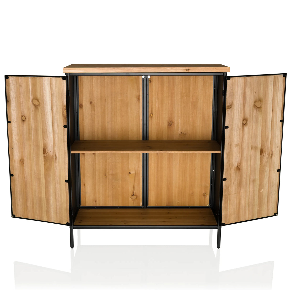 Geöffnetes Fach mit einem Regalboden der Kommode SANTJAGO BLACK SUN XL in Holzoptik mit schwarzem Gestell von hjh LIVING