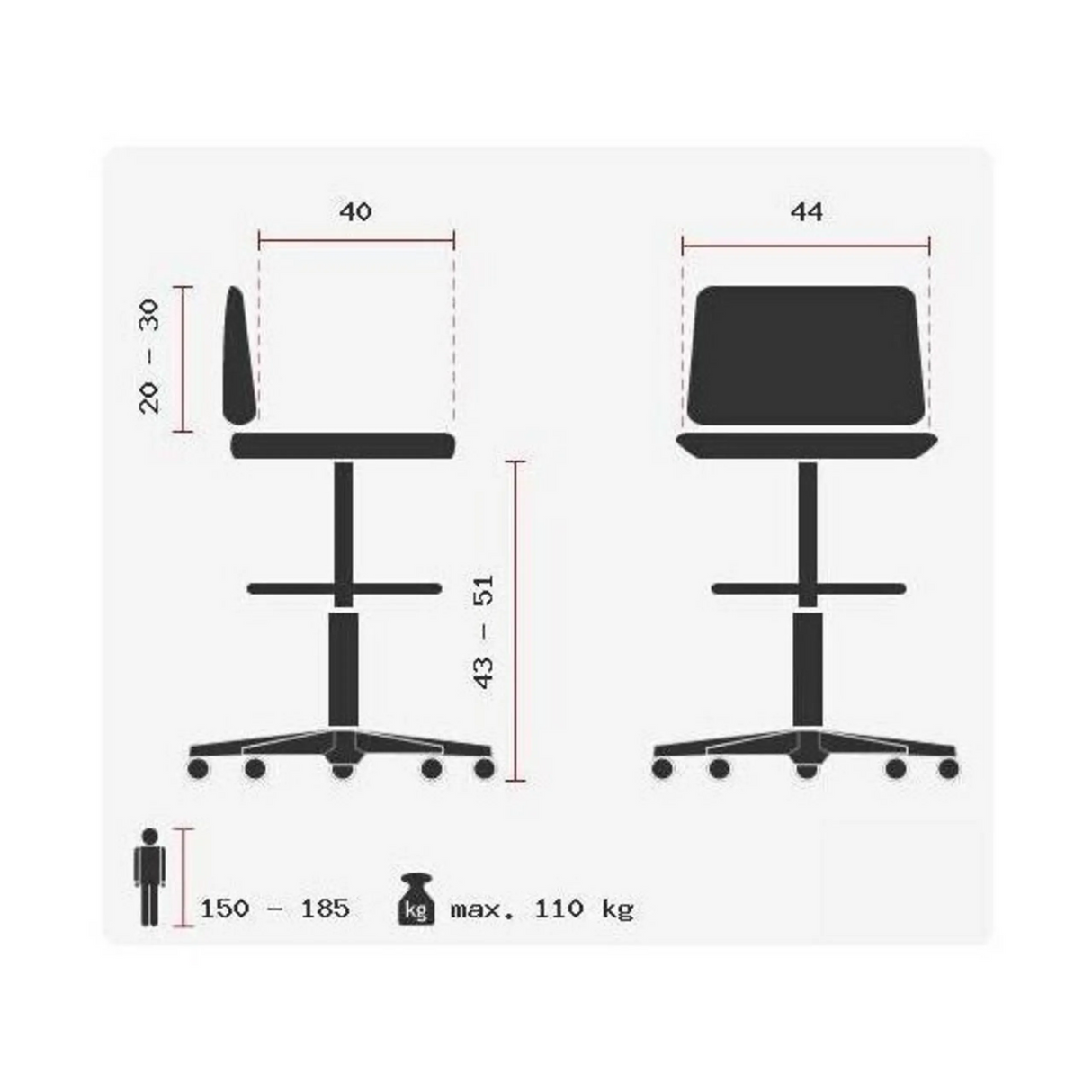 Technische Zeichnung des Drehhockers SITNESS 40 HIGHTECH mit einer Breite von 44 cm und max. 110 kg von Topstar