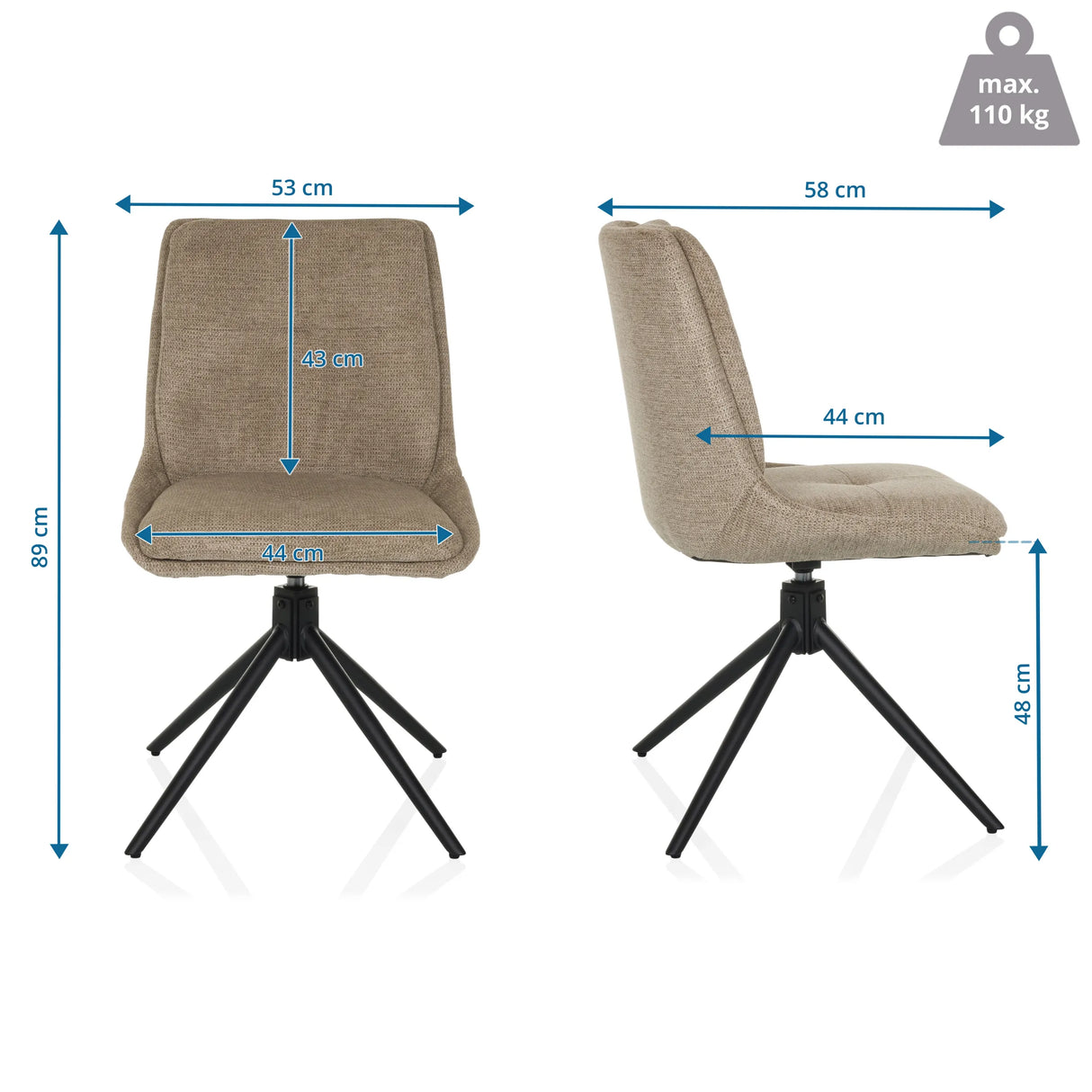 Maßzeichnung des Polsterstuhls TARVISO I mit einer Gesamthöhe von 89 cm und einer Sitzbreite von 44 cm von hjh LIVING