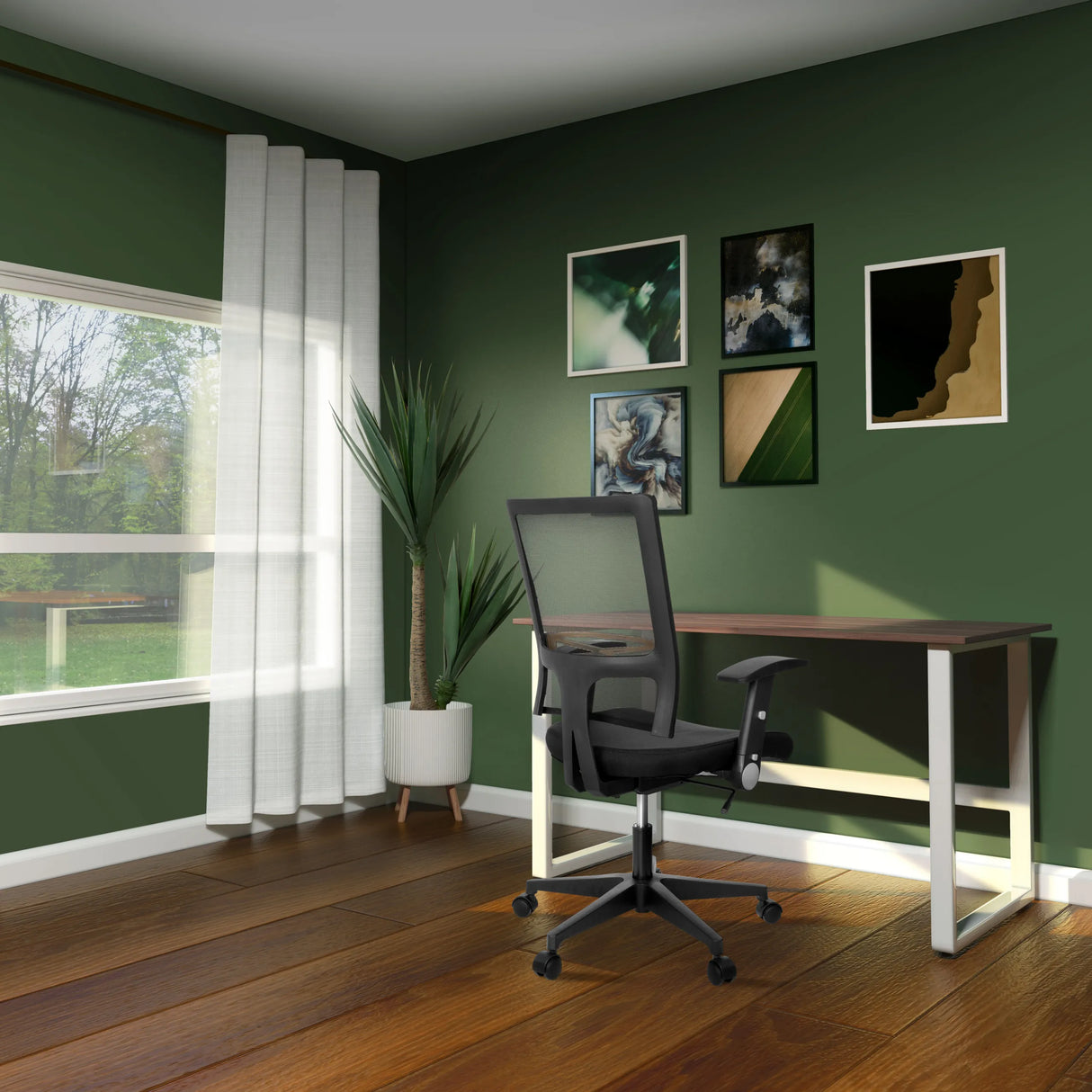 Schreibtisch WORKSPACE LIGHT I in Walnuss und Weiß mit weißem Untergestell in einem grünen Arbeitszimmer von hjh OFFICE