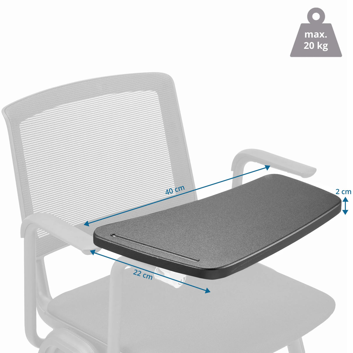 Maßansicht des Schreibtabletts MEET WA mit 40 × 22 cm und maximal 20 kg Belastung von hjh OFFICE