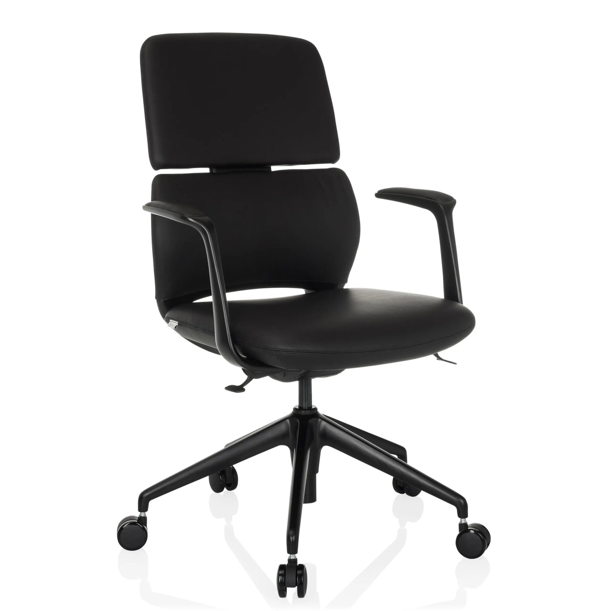 Schwarzer Profi-Bürostuhl ATMOS DESIGNER mit Armlehnen und Fußkreuz mit fünf Rollen von hjh OFFICE – 360-Grad-Ansicht (schräge Frontansicht 30°)