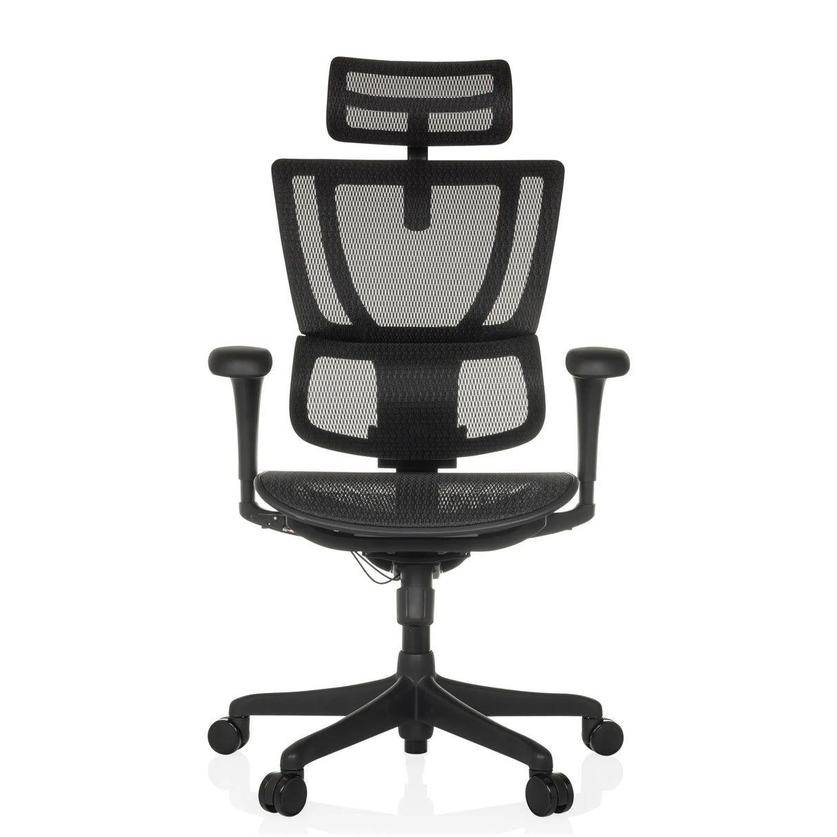 Schwarzer Luxus-Chefsessel ERGOHUMAN SLIM ECO M GEN2 mit Netzrücken und Fußkreuz mit fünf Rollen von hjh OFFICE – 360-Grad-Ansicht (Frontansicht 0°)