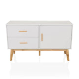 Weißes Sideboard TAROLO mit zwei Schubladen, einer Tür und Holzbeinen von hjh LIVING – 360-Grad-Ansicht (Frontansicht 0°)