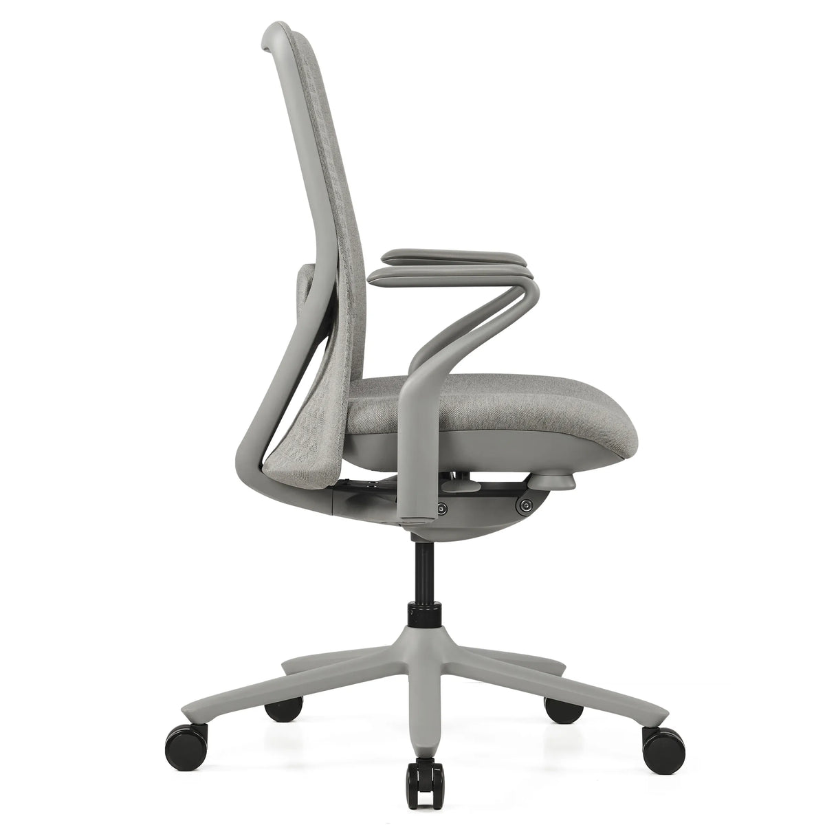 Grauer High-End-Bürostuhl VERVIO in Seitenansicht mit Rollkreuz und Armlehnen von hjh OFFICE