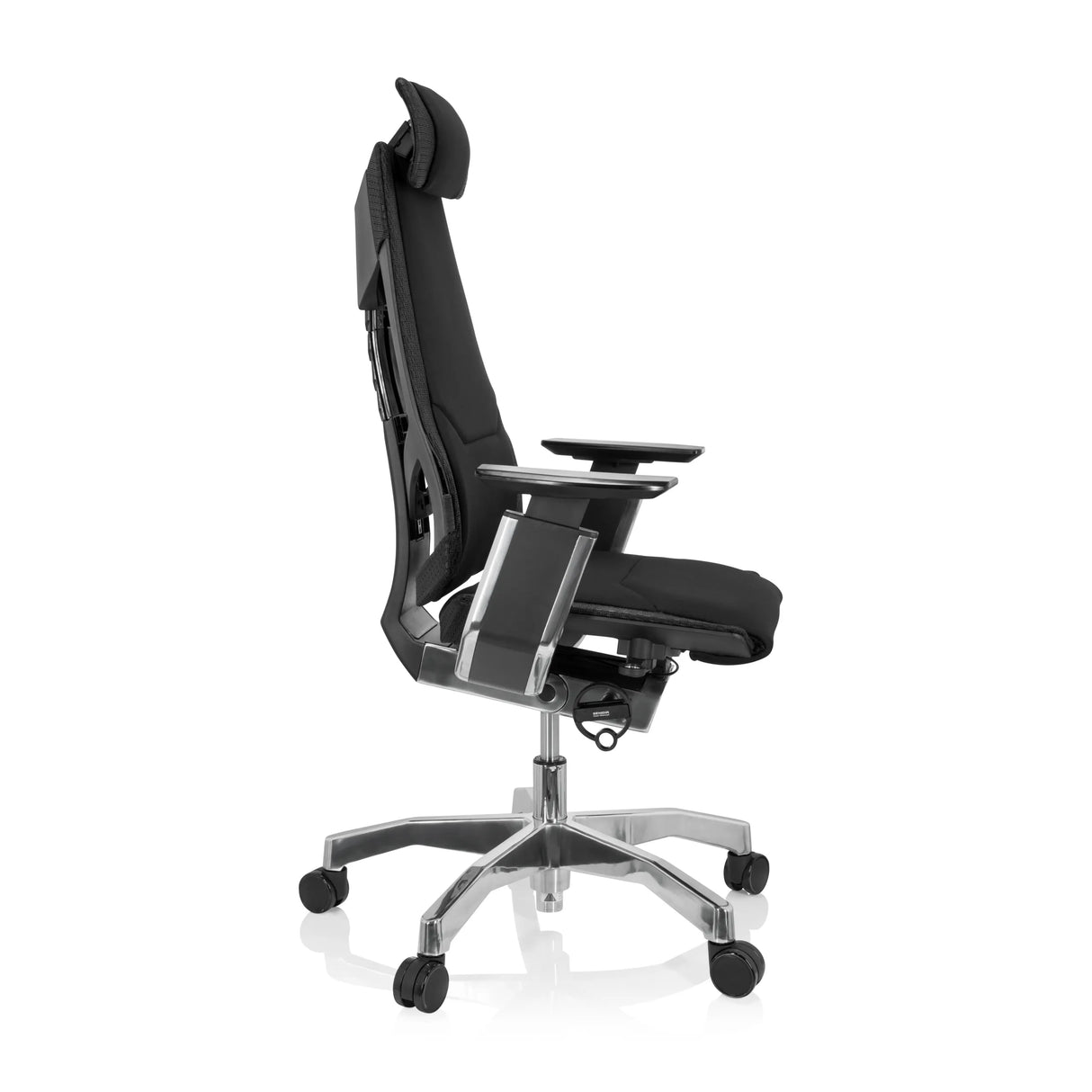 Schwarzer High-End-Bürostuhl GENIDIA PRO mit Stoffbezug und Fußkreuz mit fünf Rollen von hjh OFFICE – 360-Grad-Ansicht (Seitenprofil 80°)