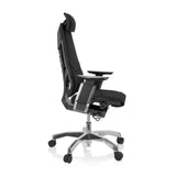 Schwarzer High-End-Bürostuhl GENIDIA PRO mit Stoffbezug und Fußkreuz mit fünf Rollen von hjh OFFICE – 360-Grad-Ansicht (Seitenprofil 80°)