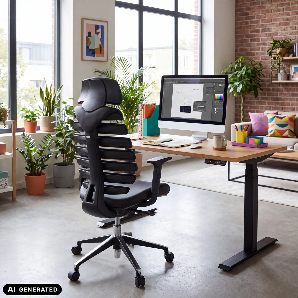 Schwarzer Profi-Bürostuhl ERGO LINE II PRO aus Leder an einem Schreibtisch von hjh OFFICE (KI-generiertes Bild)