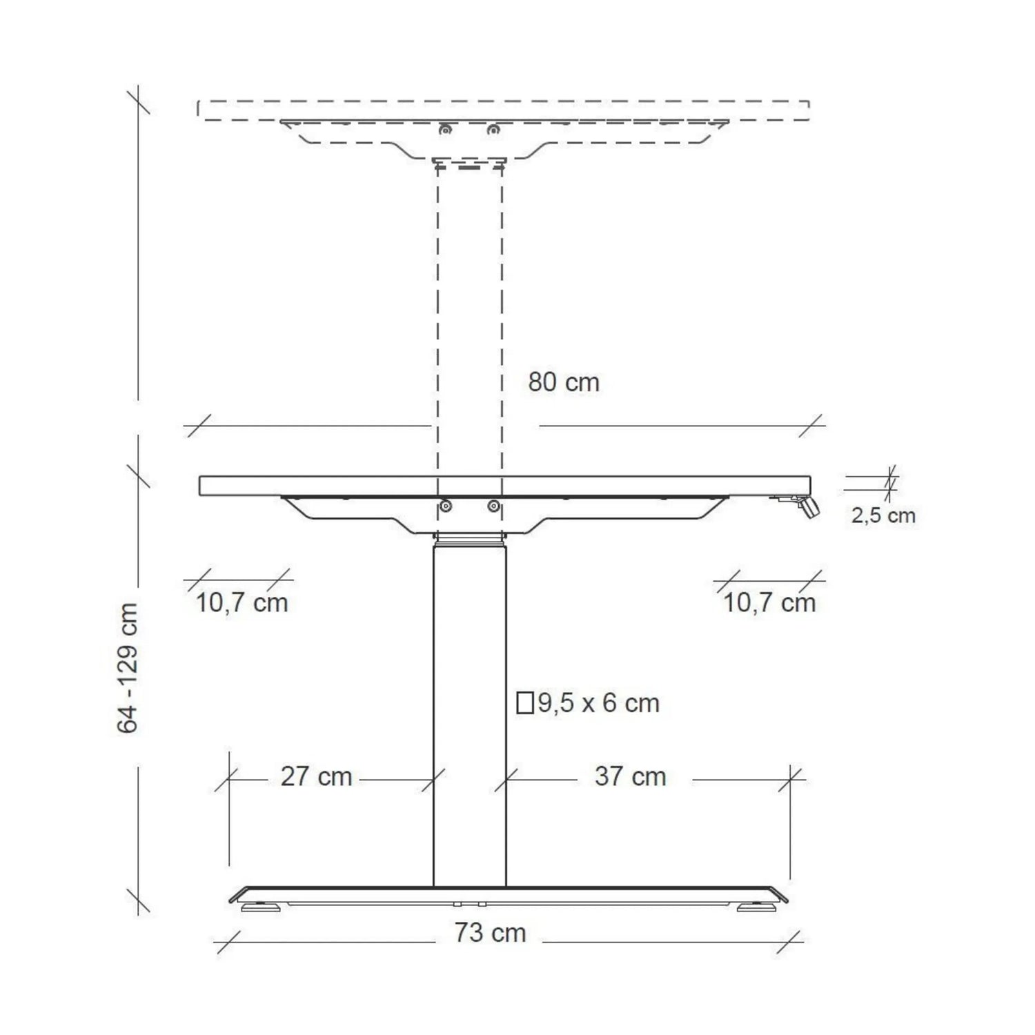 Maßzeichnung des elektrisch höhenverstellbaren Schreibtisches XDKB 16 W mit einer Höhe von 64–129 cm von hjh OFFICE PRO