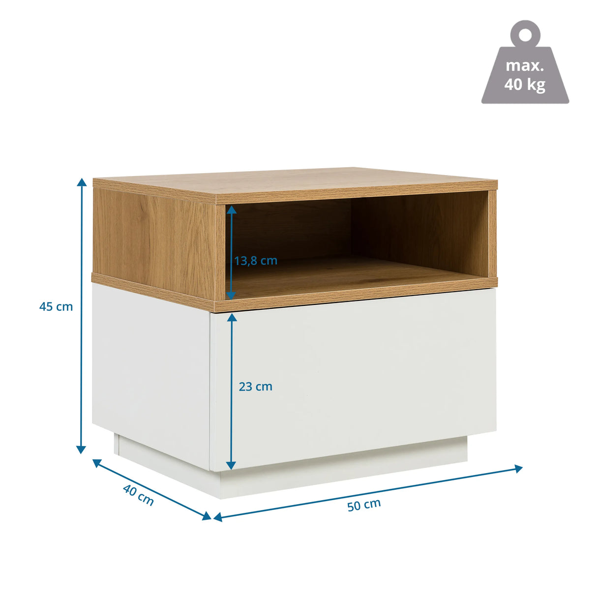 Maßzeichnung des Beistelltischs MELMO in Weiß und Eiche mit 50 × 40 cm von hjh LIVING