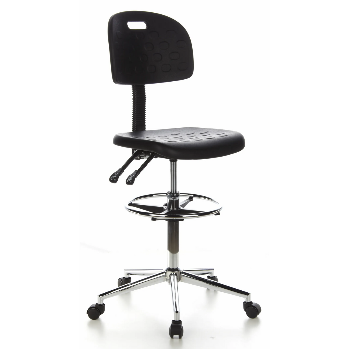 Schwarzer Counterstuhl TOP WORK 23 mit Fußring und Fußkreuz mit fünf Rollen von hjh OFFICE – 360-Grad-Ansicht (schräge Frontansicht 40°)